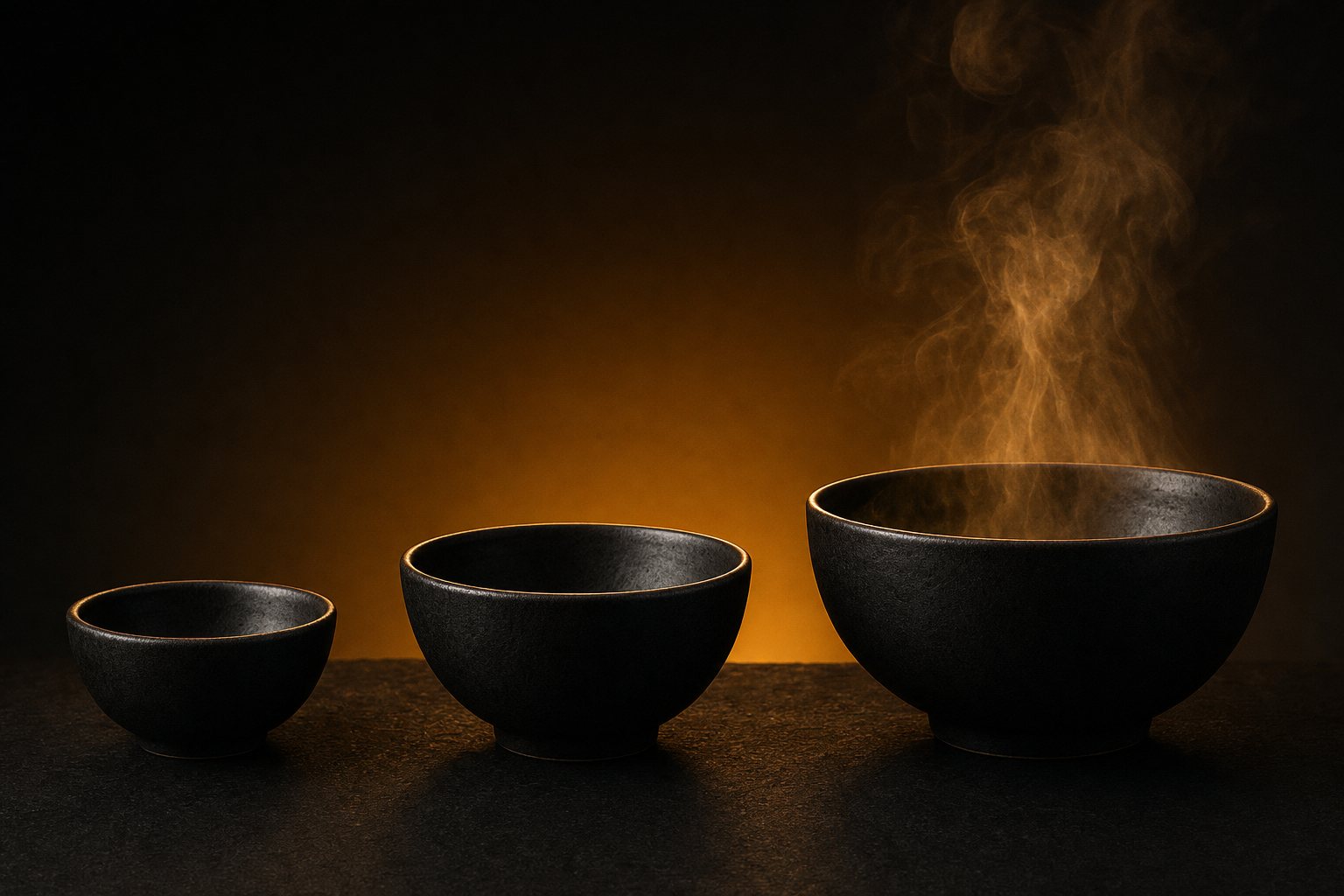 Three black bowls in a row, the largest one steaming