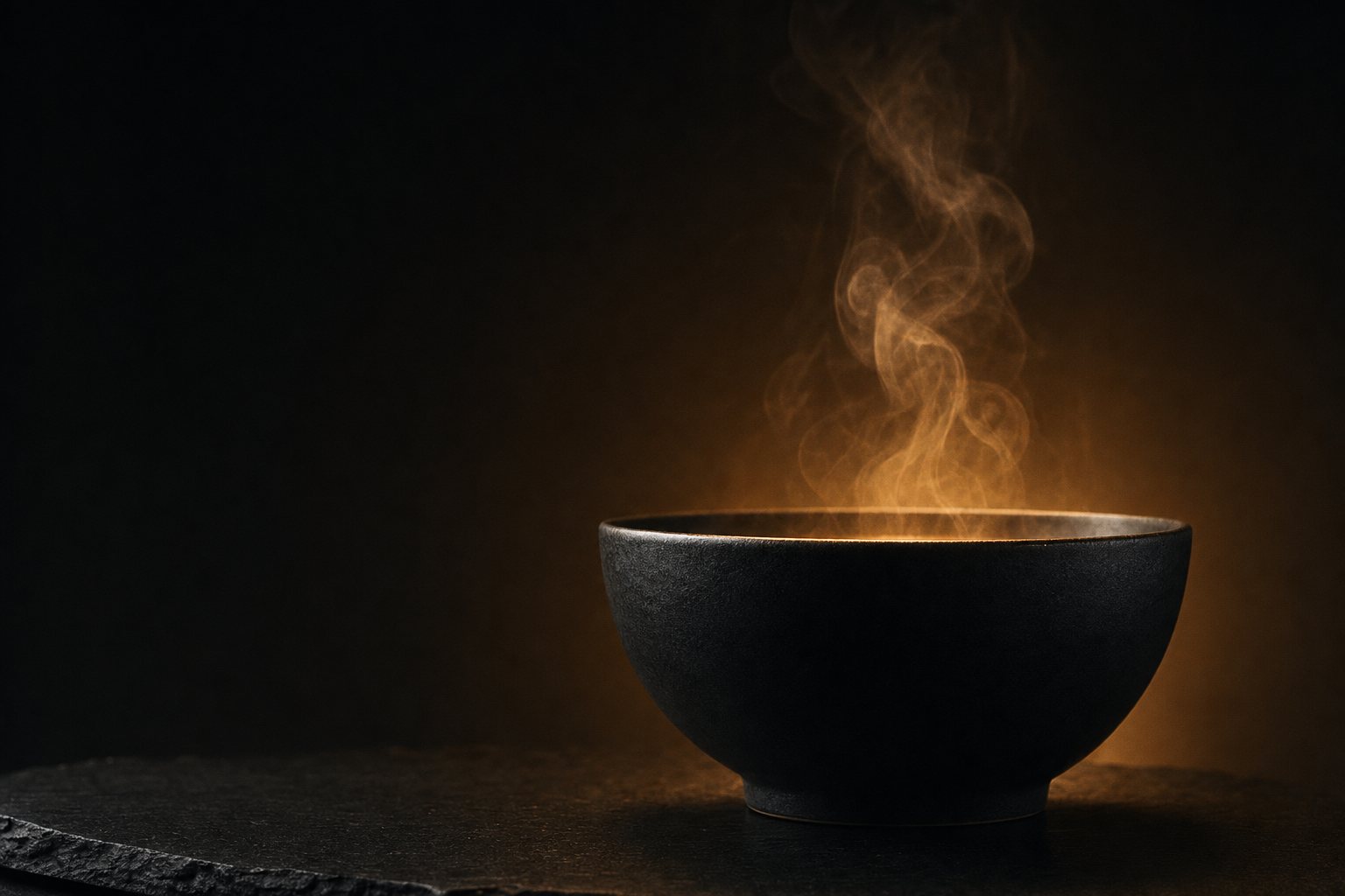 A black stoneware bowl with steam rising, lit in warm amber